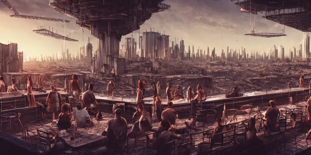 Prompt: an intricate concept art of a people on a rooftop bar in a megastructure city overviewing a desolate destroyed city, post-apocalyptic, sci-fi, cinematic lighting, hyper realistic, art by dylan cole, detailed matte painting, digital art, sci-fi film color palette