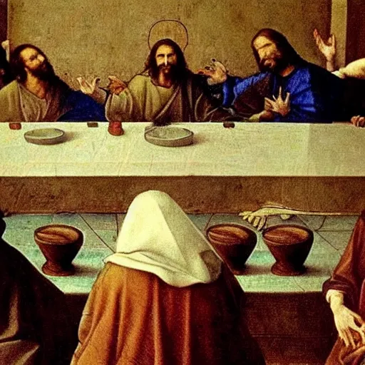 Prompt: cate blanchett as Jesus in the last supper by Leonardo davinci