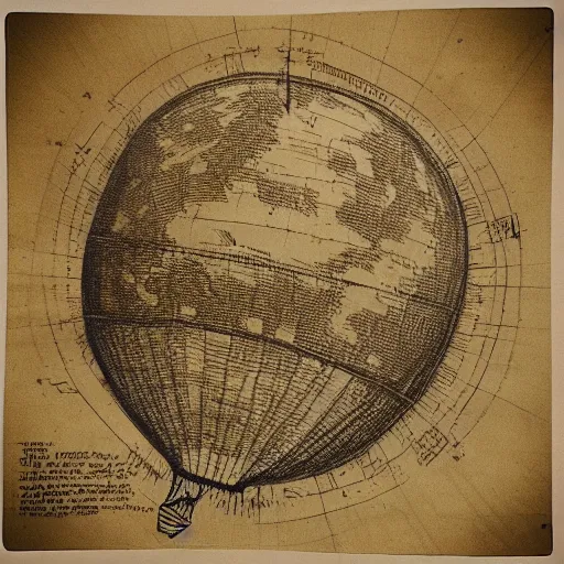 Prompt: “an old technical sketch on parchment of a hot air balloon between clouds, the balloon fabric is made of a spherical world map of the earth. sepia”