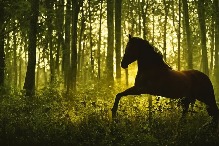 Image similar to beautiful horse in the forest evening natural light, fireflies, 85mm by Emmanuel Lubezki