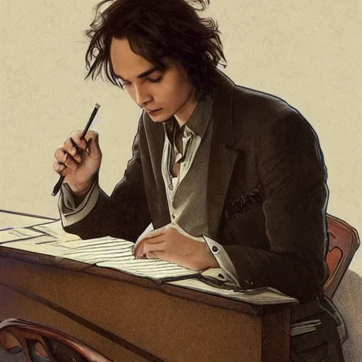 Prompt: Frank Dillane sitting on a chair at a desk writing music, a guitar leans against his leg, music notes float in the air, artstation, concept art, smooth, sharp focus, illustration, art by artgerm and greg rutkowski and alphonse mucha