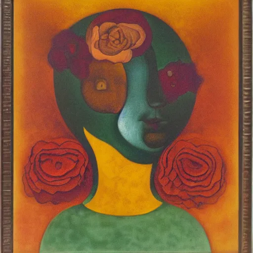 Image similar to floral face portrait by leonetto cappiello and wojciech siudmak and ernst fuchs, anni albers, oil on canvas