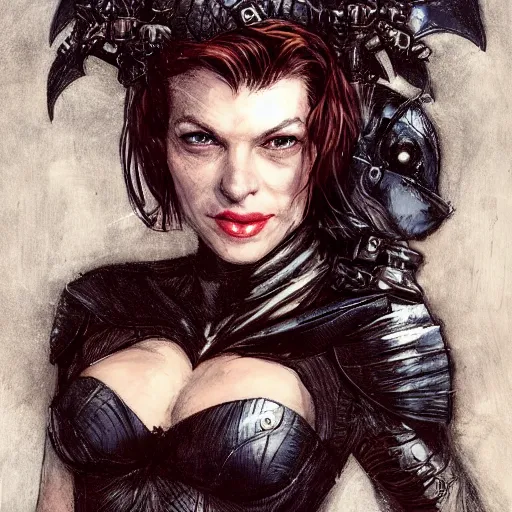 Image similar to batman as an attractive young smiling woman played by milla jovovich wearing a mushroom crown and heavy armoured wedding dress, face portrait, hd shot, digital portrait, elegant, beautiful, fantasy art, artstation, comic style, by artgerm, guy denning, jakub rozalski, magali villeneuve and charlie bowater