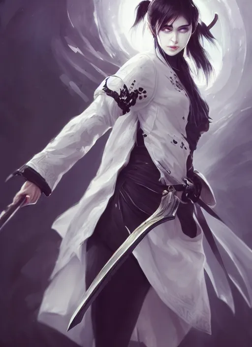 Image similar to a highly detailed illustration of fierce messy ponytail black haired one eyed japanese woman wearing long white coat, wearing eyepatch, dramatic wielding paper sword pose, intricate, elegant, highly detailed, centered, digital painting, artstation, concept art, smooth, sharp focus, league of legends concept art, wlop.