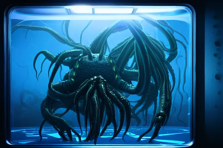 Prompt: slimy wet cthulhu scorpion lovecraft alien tarantula blob monster trapped inside a large transparent science fiction mass effect glass containment chamber filled with blue liquid in a furnished science fiction spaceship laboratory, dramatic lighting, octane, red led lights, lens flare, trending on artstation, volumetric lighting