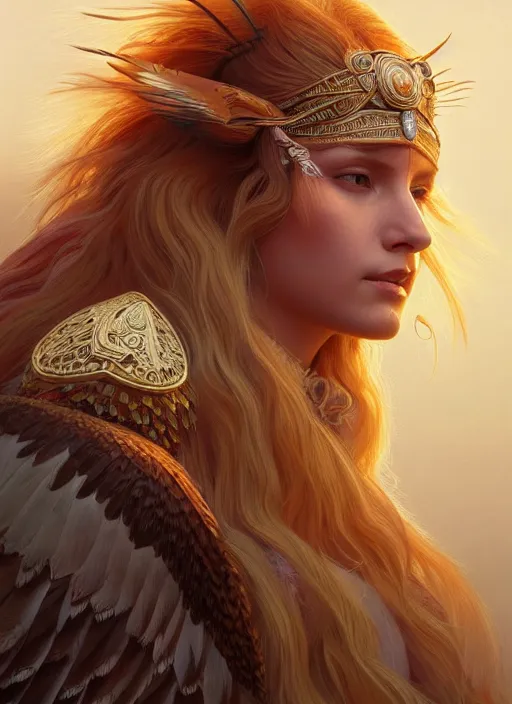 Prompt: portrait of a dancing eagle woman, beautiful blonde haired lakota sioux goddess, intricate, highly detailed, ray tracing, digital painting, artstation, concept art, smooth, sharp focus, illustration, art by artgerm and greg rutkowski and alphonse mucha, 8 k