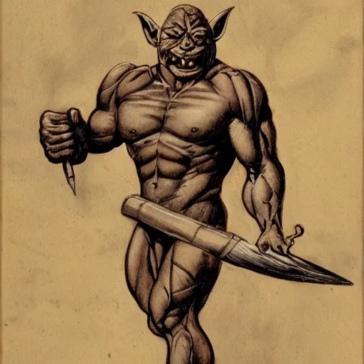 Image similar to dog-faced muscular goblin, lizard tail, holding scimitar made of bone, drawn by Frank Frazetta