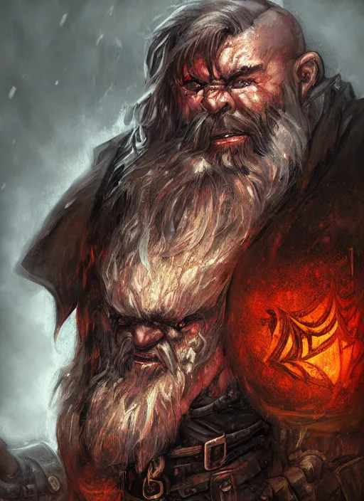 Prompt: A fantasy comic book style portrait painting of a brutal grim warrior dwarf in a atmospheric dark fortress, unreal 5, DAZ, hyperrealistic, octane render, RPG portrait, ambient light, dynamic lighting