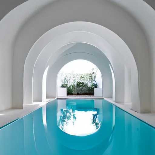 Image similar to an underground pool in an all white room with smooth arched ceilings and doorways, liminal space, dark lighting,