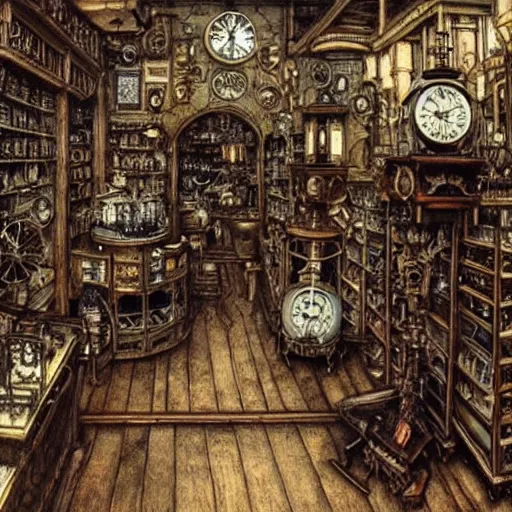 Prompt: interior of a steampunk clock shop, father time, wooden grandfather clocks everywhere, realistic, very intricate hyper detailed masterpiece by arthur rackham