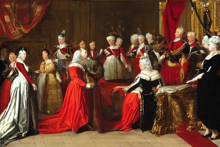 Image similar to the queen of england surrrounded by her court, painting by le nain