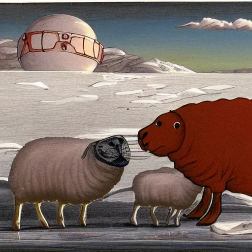 Image similar to cartoon drawing of a seal tossing a red ball with a sheep in antarctica. the seal's head is sticking out above the water and the sheep is standing near the edge of ice