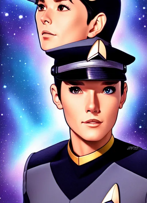 Image similar to cute star trek officer troye sivan, natural lighting, path traced, highly detailed, high quality, digital painting, by don bluth and ross tran and studio ghibli and alphonse mucha, artgerm