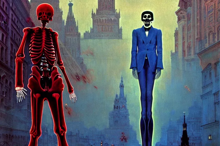 Image similar to realistic detailed photorealistic film portrait shot of a single skeleton wearing crimson velvet blazer in a crowded futuristic moscow street by Denis Villeneuve, Amano, Yves Tanguy, Alphonse Mucha, Ernst Haeckel, Andrei Tarkovsky, Edward Robert Hughes, Roger Dean, rich moody colours, wide angle, blue eyes