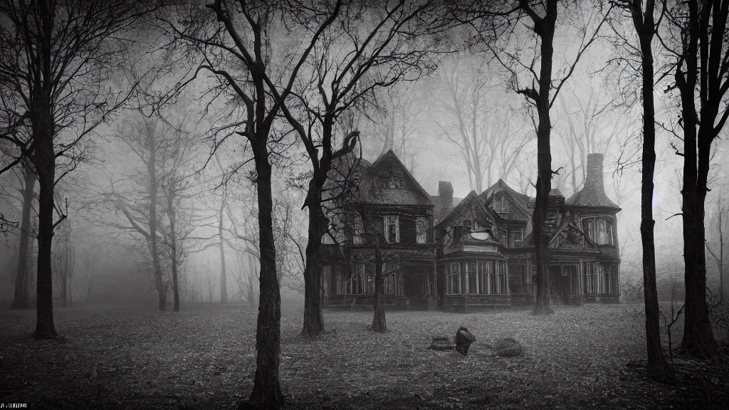 Prompt: An epic photo of a gloomy Victorian mansion in dark forest with hangman by Diane Arbus and Louis Daguerre. highly detailed. 85mm, Bokeh