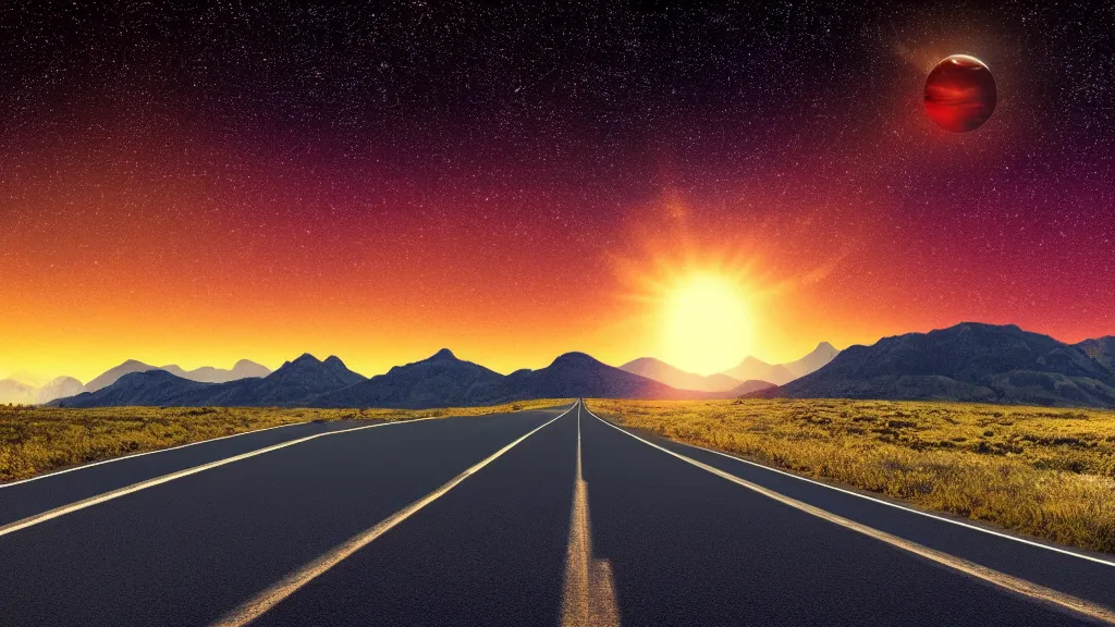 Image similar to open country Road, mountains, sunset, stars, small planet in the sky, realistic, cinematic, 8k