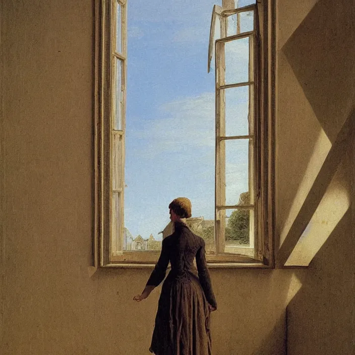 Image similar to painting of a broken window with a beautiful white woman on the outside by caspar david friedrich