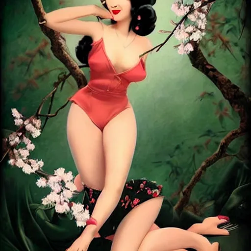 Prompt: pin - up fullbody portrait of a beautiful young asian woman, pretty long hair, intense flirting, showing curves, symmetrical face, digital art, smooth, extremely detailed, model pose, intense look, dream, cherry blossoms, gorgeous young model, traditional beauty, perfect proportions, pretty, by wu bayard, by gil elvgren, by ralph horsley,