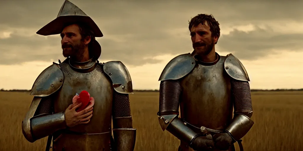 Image similar to film still of closeup the knight holds a bleeding heart in his hand by emmanuel lubezki