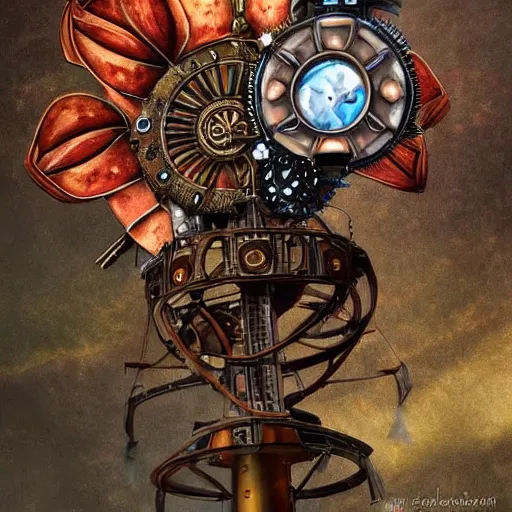 Image similar to giant mechanical rose, steampunk, fantasy art, sky