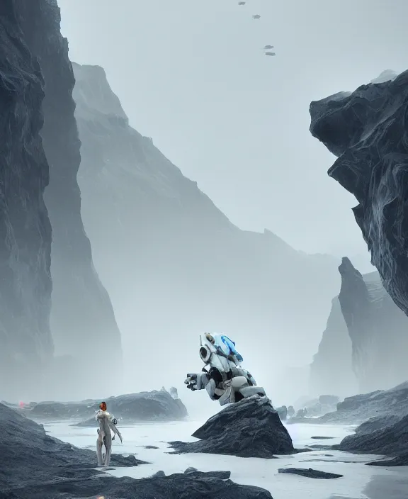 Image similar to surreal romantic stranded valley prometheus horizontal white mecha building architecture by ruan jia, futuristic blame, white architecture in the beach in iceland, foggy, highly detailed, digital painting, arstation, concept art, hyperealistic octane render, unreal engine