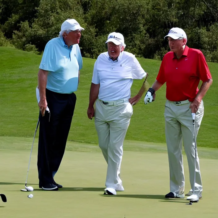 Prompt: bernie sanders playing golf with donald trump as his caddy. professional photograph