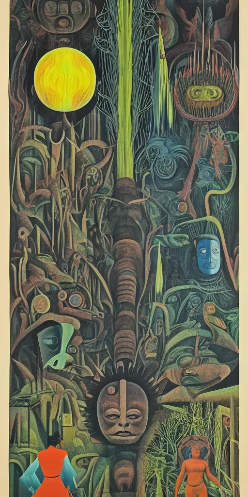 Image similar to 1968 science fiction movie poster, cut out collage, neon mayan, deep winter on Venus, epic theater, deep forest creatures, mountain plants, drawings in part by Diego Rivera, part by Ernst Haekl, text by William S Boroughs, written by Michael Ende