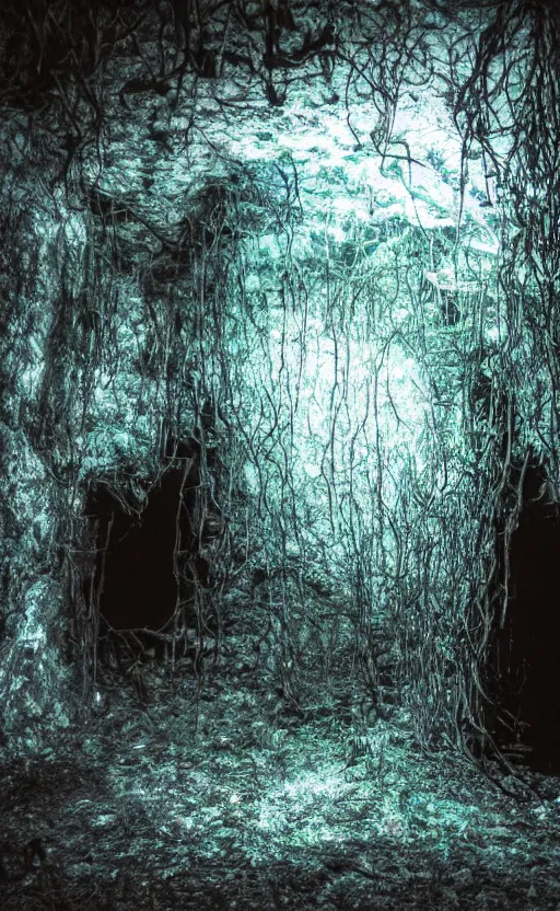 Image similar to vines in a very dark cave, blue lighting, decayed, creepy