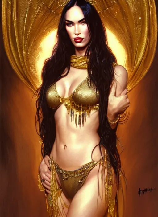 Image similar to portrait of megan fox as exotic dancer, scarf, veil, gold, belly dance, intricate, headshot, highly detailed, digital painting, artstation, concept art, sharp focus, cinematic lighting, illustration, art by artgerm and greg rutkowski, alphonse mucha, cgsociety