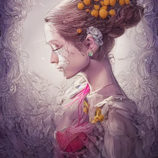 Image similar to the portrait of an absurdly beautiful, graceful, elegant, sophisticated, young girl made up of lemons, an ultrafine hyperdetailed illustration by kim jung gi, irakli nadar, intricate linework, bright colors, octopath traveler, final fantasy, unreal engine 5 highly rendered, global illumination, radiant light, detailed and intricate environment