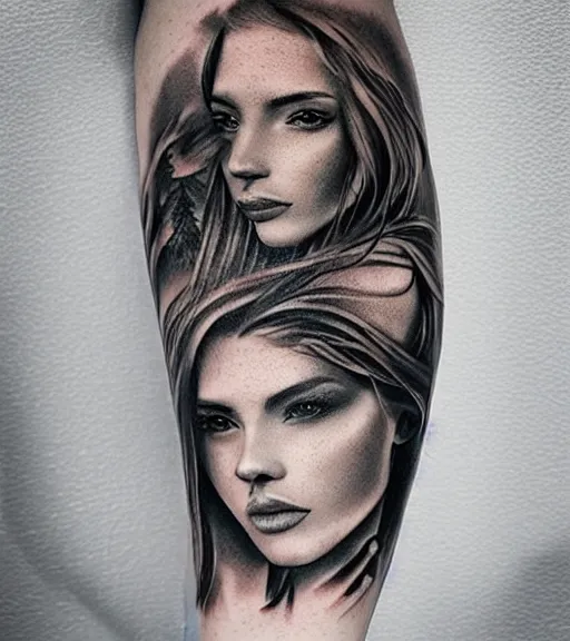 Image similar to tattoo design sketch of a beautiful woman face with a faded background of beautiful mountain nature on her side, hyper - realistic, double exposure with amazing nature, in the style of den yakovlev, amazing detail, black and white, faded