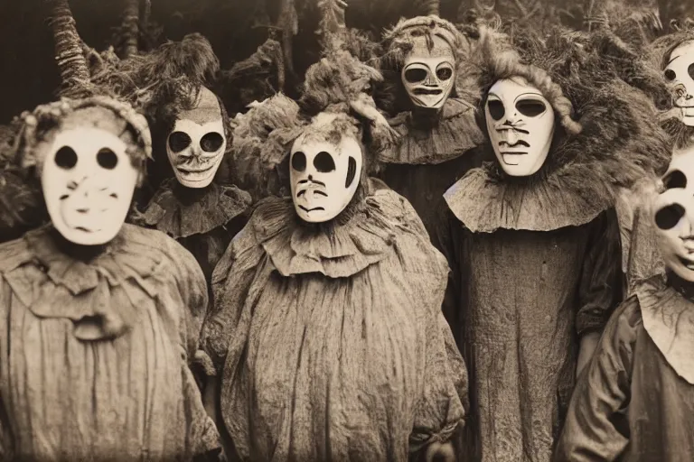 Image similar to vintage photo of villagers wearing weird masks, eerie, bizarre, highly detailed shot, dramatic 8 k uhd