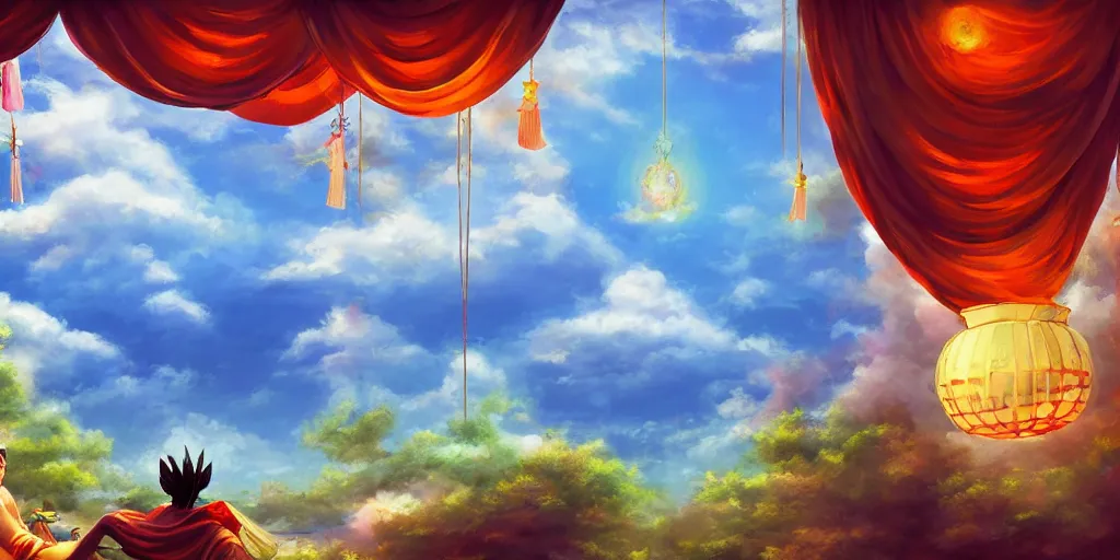 Prompt: painting of wind god enjoying the view from his heavenly palace, decorated with windchimes and paper lanterns, nature and clouds in background, digital art, artstation