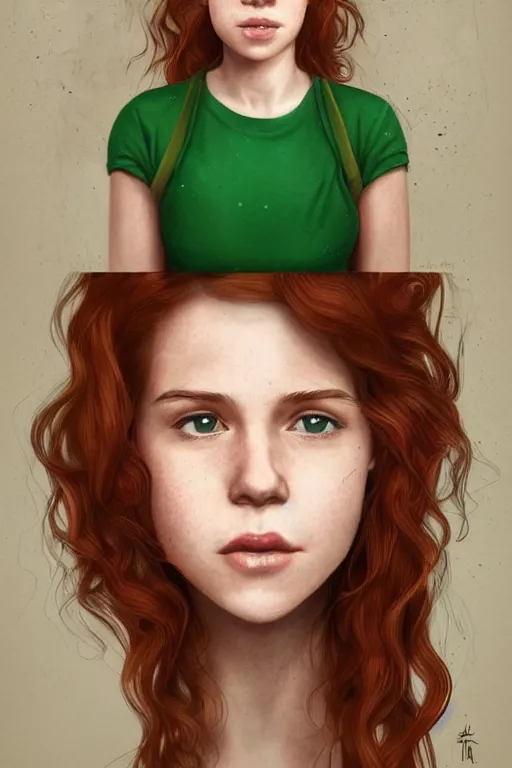 Prompt: ultra realistic style illustration of a beautiful cute red haired playful joyful teen girl in a green dress, long hair, face of young kate mara, sci - fi, intricate, elegant, digital painting, artstation, concept art, smooth, sharp focus, illustration, 8 k frostbite 3 engine, ultra detailed, art by artgerm and greg rutkowski and magali villeneuve