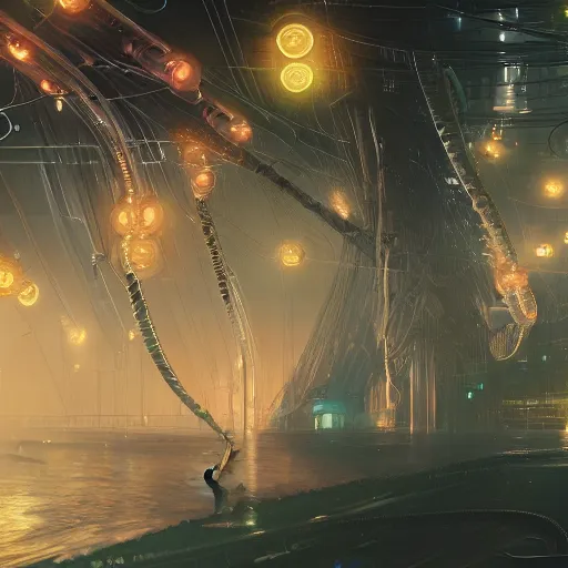 Image similar to cyberpunk jellyfishes, cables, futuristic hi-tech details, art by anthony macbain + greg rutkowski + alphonse mucha, concept art, 4k, sharp focus, cinematic unreal engine