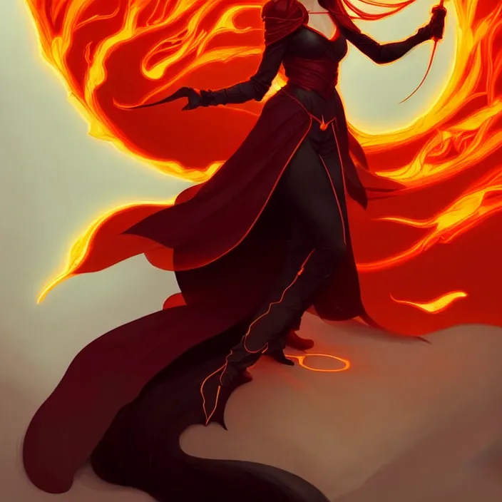 Prompt: style artgerm, joshua middleton, ellen jewett, beautiful kristen bell with dark red dress, very long orange hair, symmetrical face, symmetrical eyes, fire powers fire swirling, detailed, volcano setting, cinematic lighting