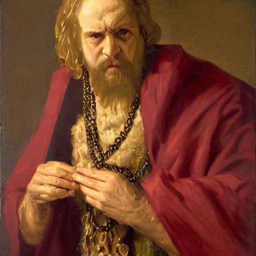 Image similar to a man wearing a long cloak and hood, holding golden chains, oil painting, portrait, high detail