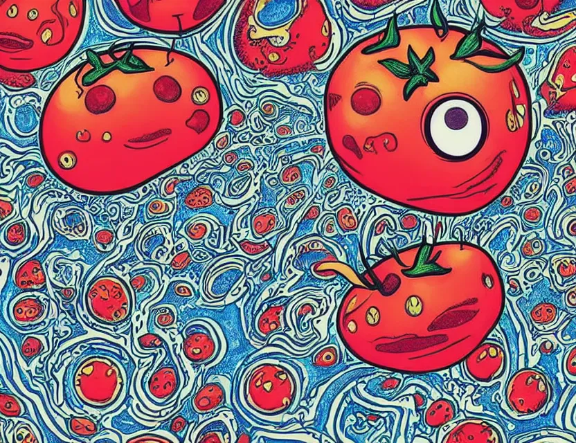 Prompt: a psychedelic 1 9 6 0 s drawing of a lazy red burned tomato with 1 0 googly eyes on a beach, big piles of strawberry icecream surfing, a sunset by james jean in psychedelic poster art style
