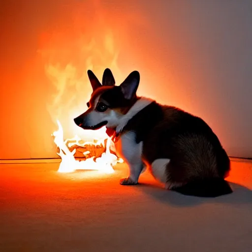 Image similar to An evil corgi with flaming red eyes plotting world domination, dramatic lighting, realistic, award winning photo