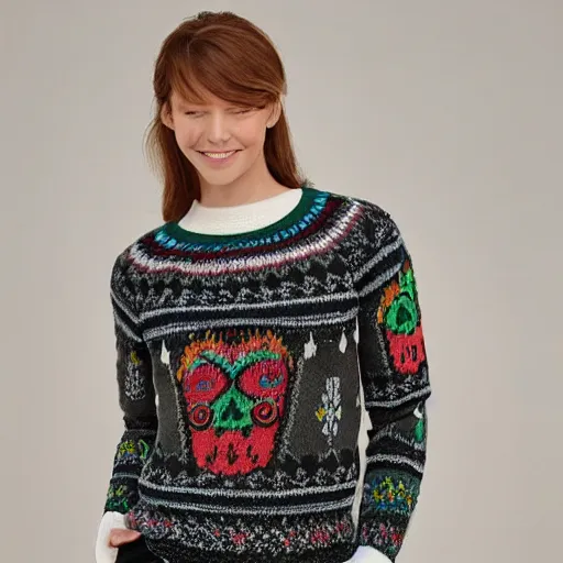 Image similar to a hand knit wool sweater with a calavera pattern