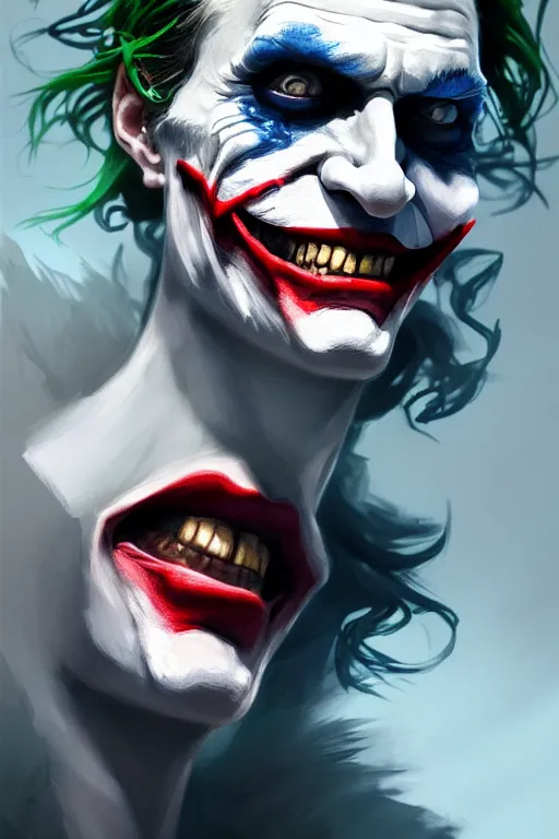 Image similar to ultra detailed portrait of the joker, sharp bone structure, extremely detailed digital painting, in the style of fenghua zhong and ruan jia and jeremy lipking and peter mohrbacher, mystical colors, rim light, beautiful lighting, 8 k, stunning scene, raytracing, octane, trending on artstation