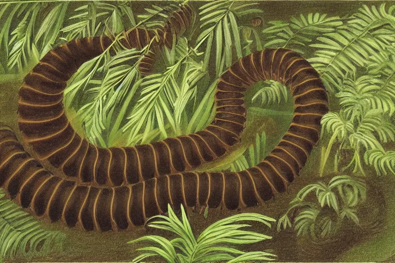 Image similar to naturalist drawing of an extinct giant millipede in a lush fern forest