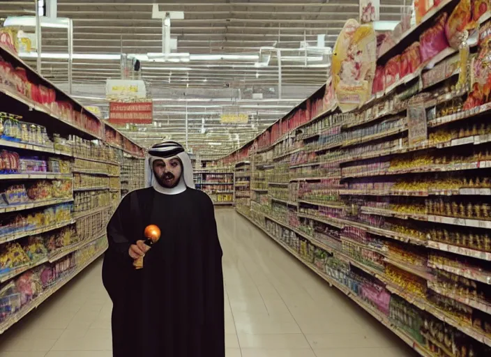 Image similar to an Arab man in traditional dress standing in a supermarket aisle and holding a black helium balloon on a string while starring directly at the camera menacingly, directed by Stanley Kubrick, 4k, high definition cinematography