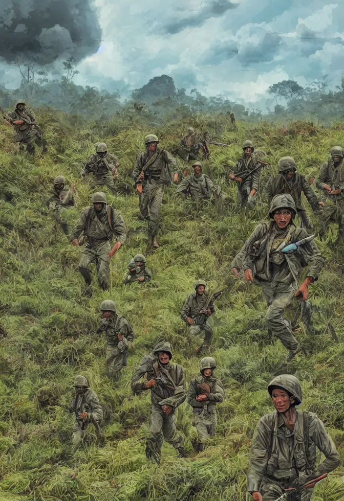 Prompt: handmade illustration of an epic and dramatic Vietnam War scene with a very few american soldiers walking, one american soldier at the forefront, blue sky with dramatic clouds, the jungle at the background, line art, heavy brushstrokes oil on canvas by Kilian Eng and by Jake Parker, vibrant colors, winning-award masterpiece, fantastic, octane render, 8K HD Resolution, High quality image