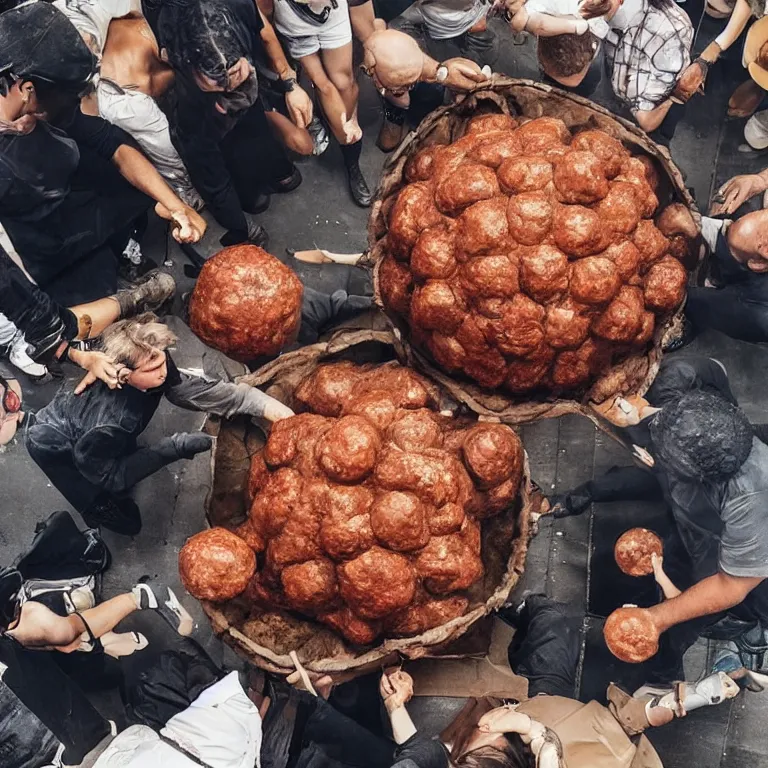 Image similar to A picture of the people of New York sculpting a giant meatball together using smaller meatballs, 4k ultra hd, trending on Instagram