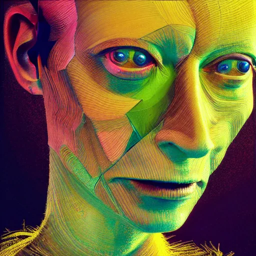 Image similar to a realistic octane render physically based rendering chrome neon tilda swinton, trending on artstation, by archan nair and marlene dumas, intricate details, gilded, in the style of frank auerbach, in the style of martin ansin, in the style of david aja, by kandinsky