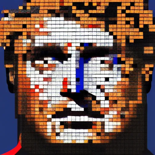 Image similar to portrait mosaic of trump with robot eyes, 4k, intricate details, digital, sun in the background