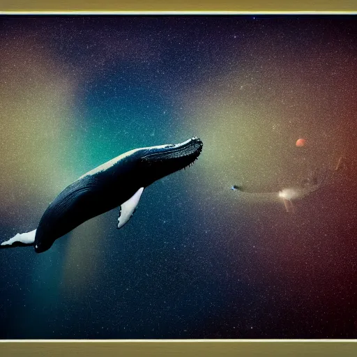 Prompt: a humpback whale floating through space with stars and planets, diffused light, golden ratio, 8 k in style of anna ancher