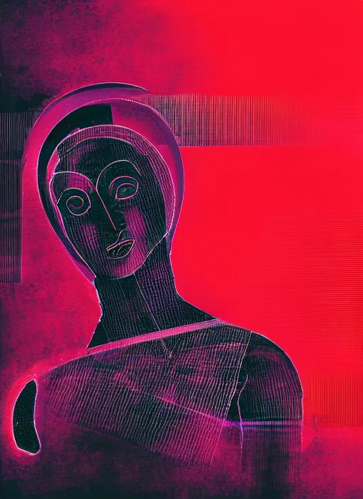 Image similar to black background with subtle red and purple design elements, greco roman statue, grey, nekro, abstract art, thin lines, dark, glitch art, neo vaporwave, gritty, layout frame, trending on artstation