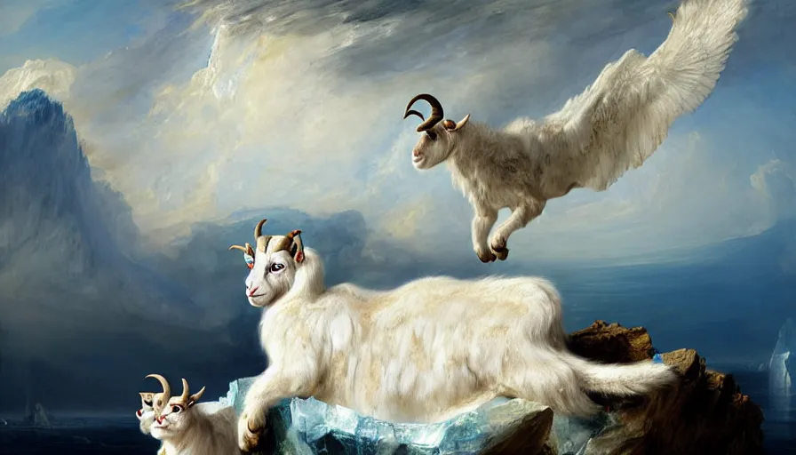 Prompt: highly detailed painting of white giant chimera goat cats with large feathered wings on a blue and white iceberg by william turner, by greg rutkowski, by william constable, thick brush strokes and visible paint layers, 4 k resolution
